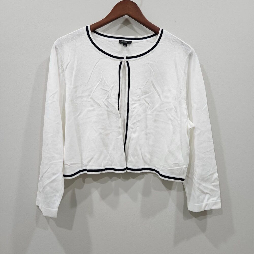Talbots Womens Cropped Cardigan Sweater XL White Black Preppy Minimalist Capsule